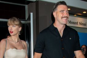 Taylor Swift and Travis Kelce are seen leaving Karen Elson Wedding on September 7, 2024 in New York, New York.