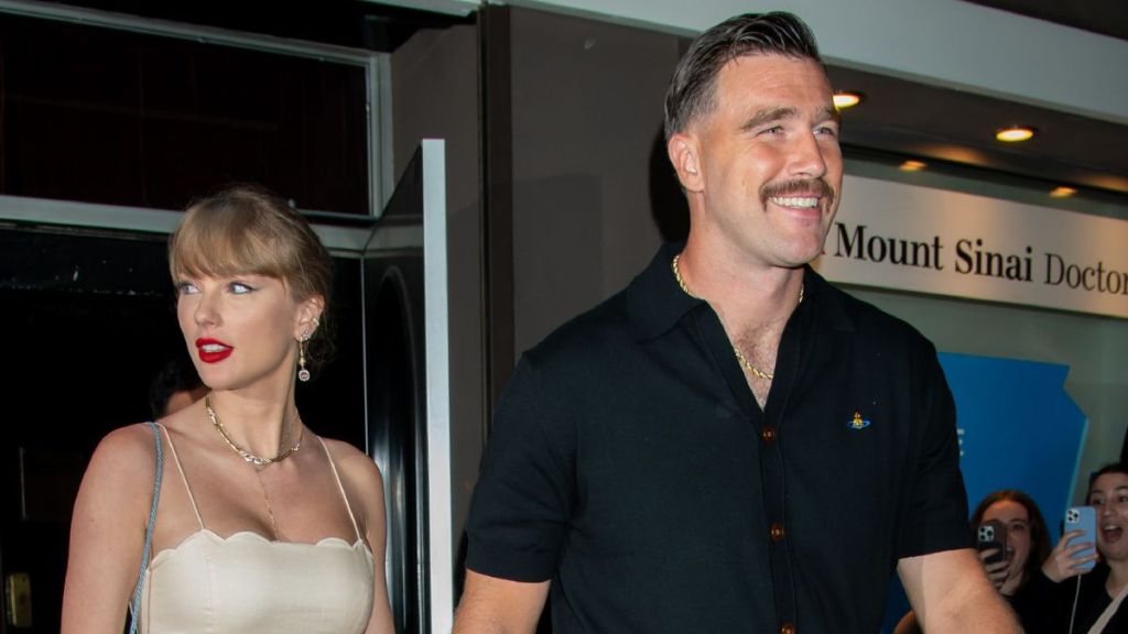 Taylor Swift and Travis Kelce are seen leaving Karen Elson Wedding on September 7, 2024 in New York, New York.