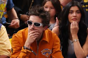 Timothee Chalamet and Kylie Jenner look on during the fourth quarter Game Six of the Eastern Conference Finals of the 2025 NBA Playoffs between the New York Knicks and the Indiana Pacers at Gainbridge Fieldhouse on May 31, 2025 in Indianapolis, Indiana