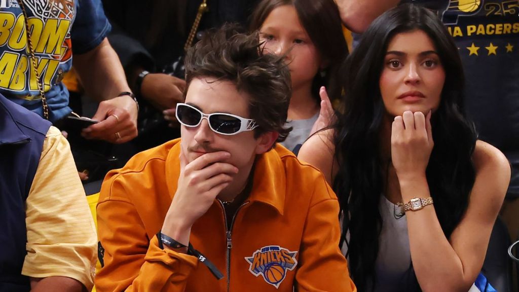Timothee Chalamet and Kylie Jenner look on during the fourth quarter Game Six of the Eastern Conference Finals of the 2025 NBA Playoffs between the New York Knicks and the Indiana Pacers at Gainbridge Fieldhouse on May 31, 2025 in Indianapolis, Indiana
