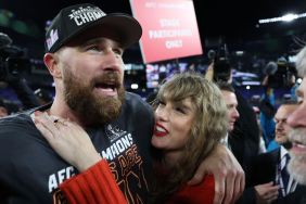 Travis Kelce #87 of the Kansas City Chiefs celebrates with Taylor Swift after a 17-10 victory against the Baltimore Ravens in the AFC Championship Game at M&T Bank Stadium on January 28, 2024 in Baltimore, Maryland
