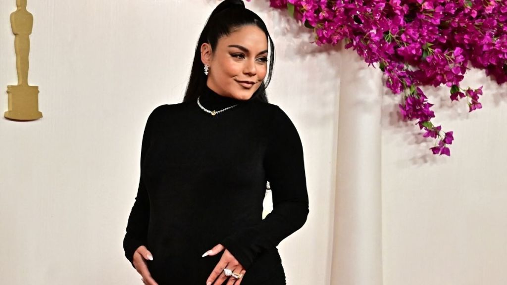 Vanessa Hudgens Showcases Baby Bump in Sheer Brown Dress