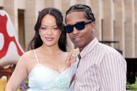 Rihanna and A$AP Rocky attend the "Smurfs" Global Premiere at Mont des Arts on June 28, 2025 in Brussels, Belgium.