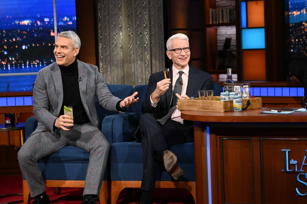 Andy Cohen and Anderson Cooper on the Late Show with Stephen Colbert