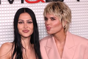 Lisa Rinna in a pink blazer making a kissy face at her daughter, Amelia Gray