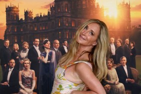 Sonja Morgan in a floral dress, leaning over and doing an over the shoulder pose in front of a Downton Abbey poster