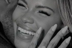 Kamie Crawford showing off her engagement ring