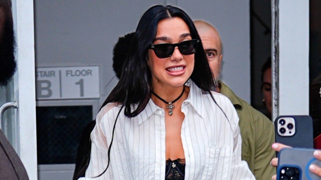 Dua Lipa’s Unbuttoned Shirt With Lace Bra Look Is Everything