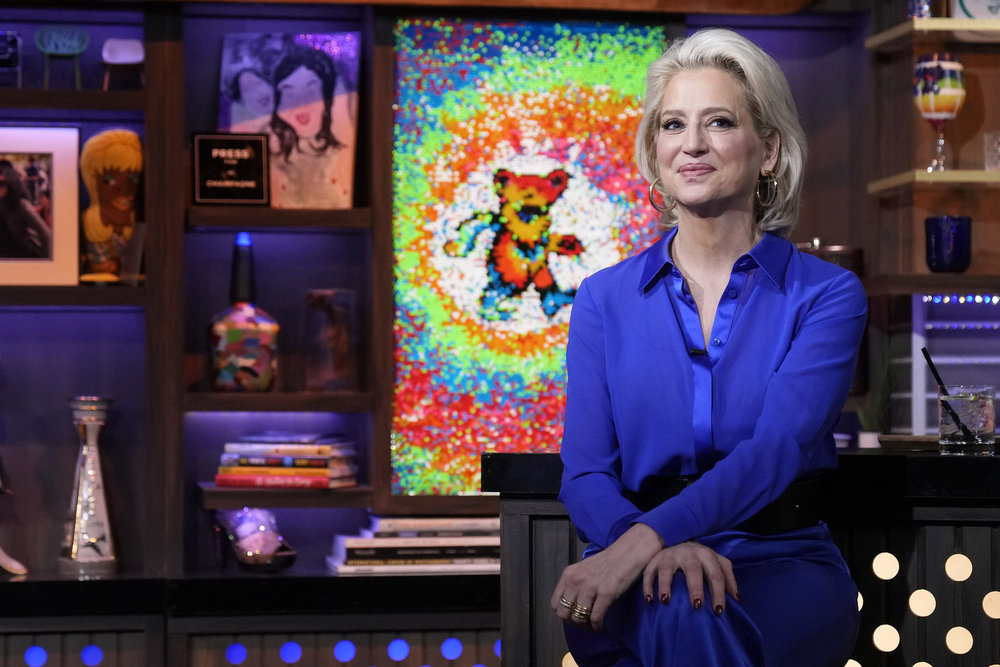 Dorinda Medley in a blue jumpsuit on Watch What Happens Live 