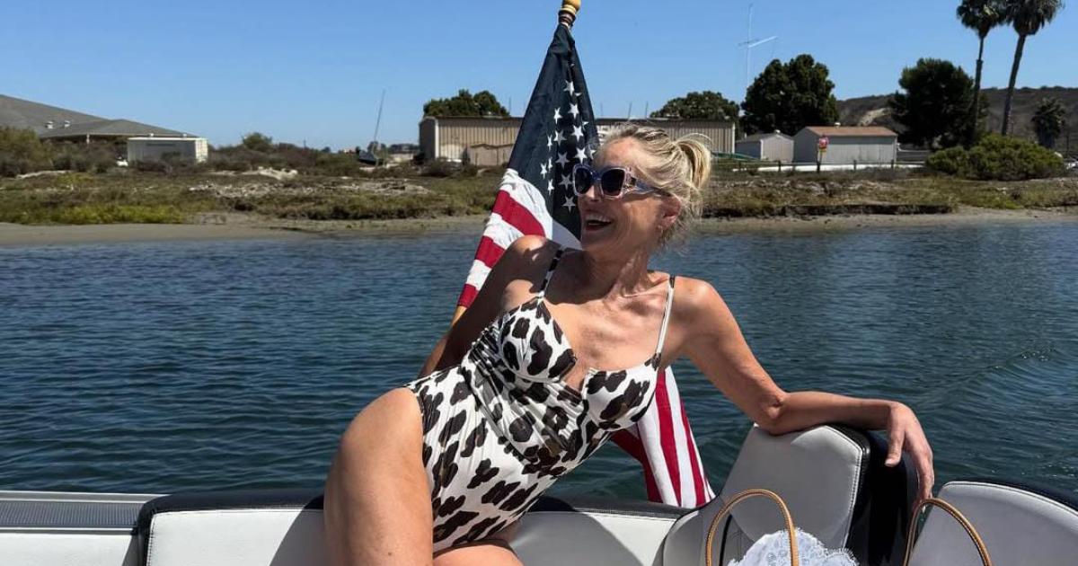 Sharon Stone Stuns in Animal Print Swimsuit Posing on a Boat in LA
