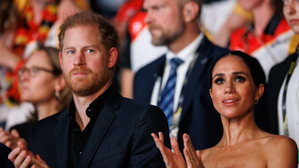 Prince Harry, Duke of Sussex and Meghan, Duchess of Sussex are seen during the closing ceremony of the Invictus Games Düsseldorf 2023 at Merkur Spiel-Arena on September 16, 2023 in Duesseldorf, Germany