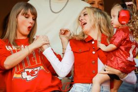 Taylor Swift and Brittany Mahomes react during a game between the Los Angeles Chargers and Kansas City Chiefs at GEHA Field at Arrowhead Stadium on October 22, 2023 in Kansas City, Missouri.