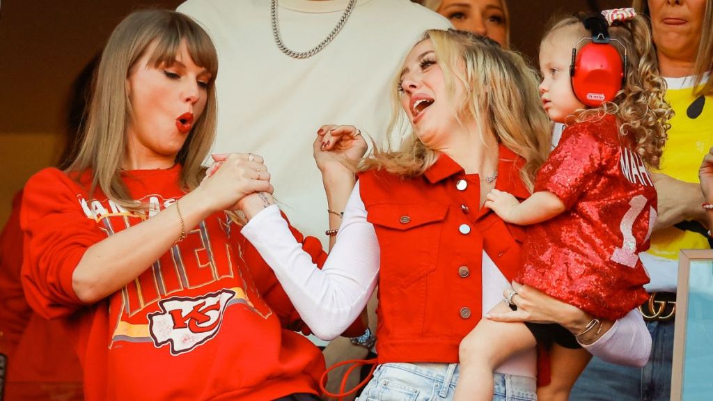 Taylor Swift and Brittany Mahomes react during a game between the Los Angeles Chargers and Kansas City Chiefs at GEHA Field at Arrowhead Stadium on October 22, 2023 in Kansas City, Missouri.