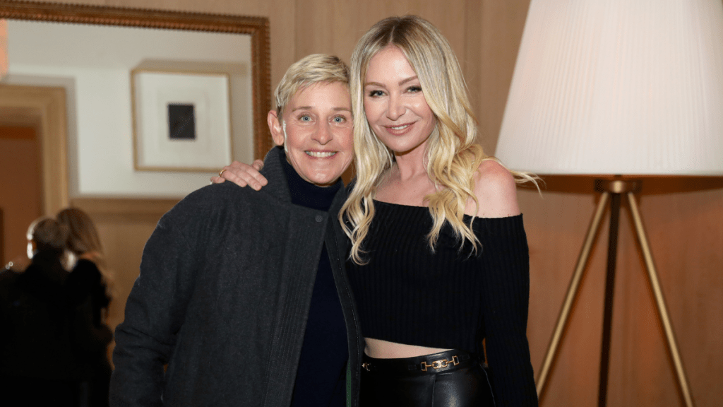 Ellen DeGeneres and Portia de Rossi are seen as RH Celebrates The Unveiling of RH San Francisco, The Gallery at the Historic Bethlehem Steel Building on March 17, 2022 in San Francisco, California.