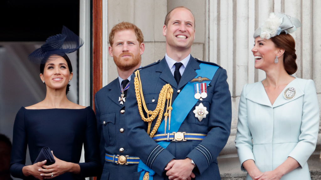 Meghan, Duchess of Sussex, Prince Harry, Duke of Sussex, Prince William, Duke of Cambridge and Catherine, Duchess of Cambridge watch a flypast to mark the centenary of the Royal Air Force from the balcony of Buckingham Palace on July 10, 2018 in London, England. The 100th birthday of the RAF, which was founded on on 1 April 1918, was marked with a centenary parade with the presentation of a new Queen's Colour and flypast of 100 aircraft over Buckingham Palace.