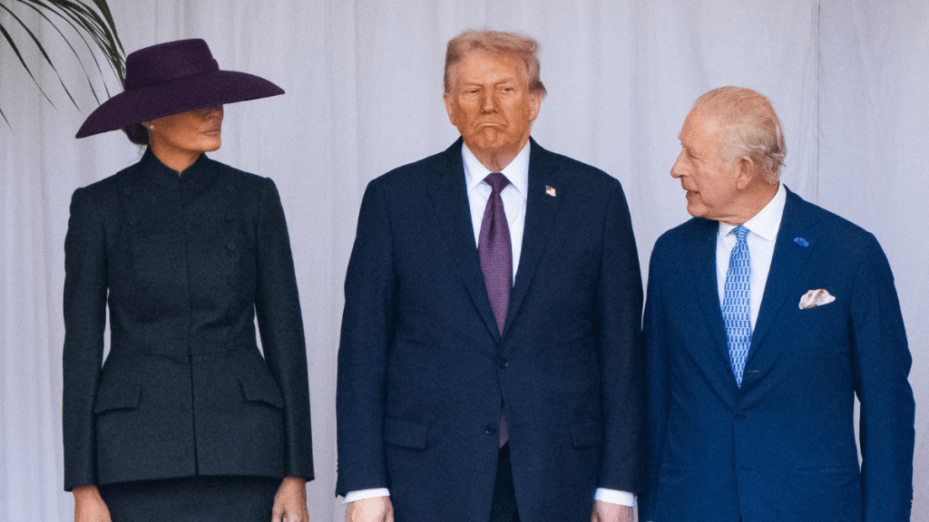 First Lady Melania Trump, US President Donald Trump, King Charles IIIduring the State visit by the President of the United States of America at Windsor Castle on September 17, 2025 in Windsor, England.