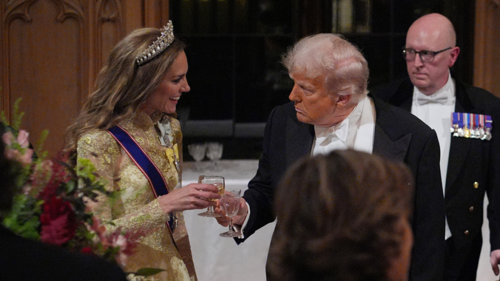Catherine, Princess of Wales, toasts US President Donald Trump after his speech during the State Banquet at Windsor Castle for the State visit by the President of the United States of America on September 17, 2025 in Windsor, England. President Trump is in England from Sept. 16-18 on his second UK state visit, with the previous one taking place in 2019 during his first presidential term.