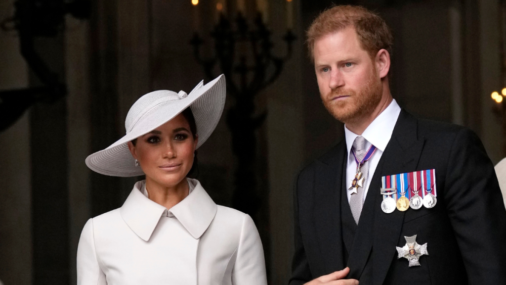 Prince Harry and Meghan Markle, Duke and Duchess of Sussex leave after a service of thanksgiving for the reign of Queen Elizabeth II at St Paul's Cathedral in London, Friday, June 3, 2022 on the second of four days of celebrations to mark the Platinum Jubilee. The events over a long holiday weekend in the U.K. are meant to celebrate the monarch's 70 years of service.