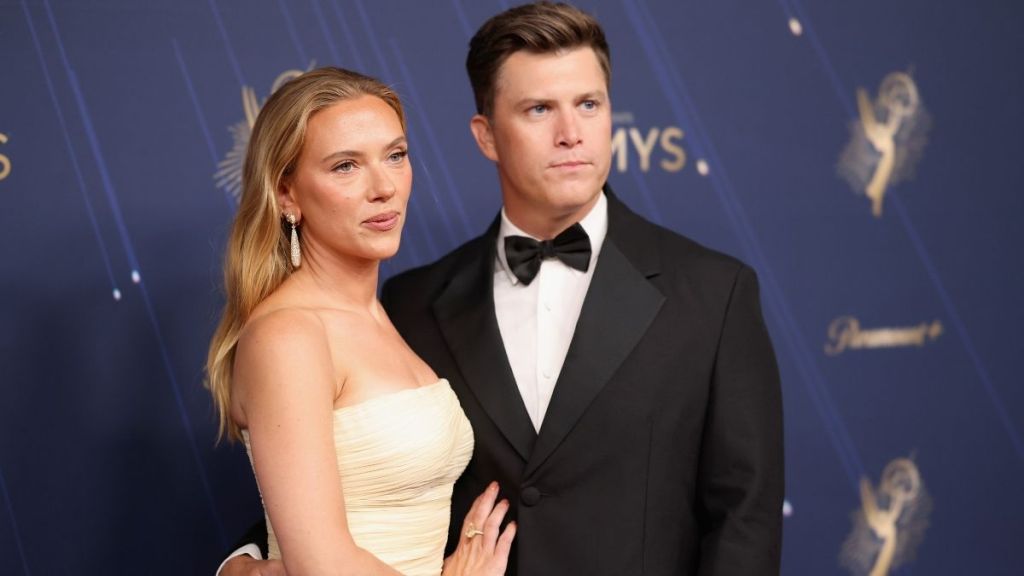 Colin Jost Can't Resist Holding Scarlett Johansson During Emmy Moment
