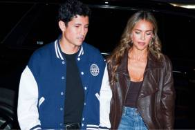Jessica Alba Spotted Wearing Unbuttoned Leather Jacket With Brown Top for Date Night
