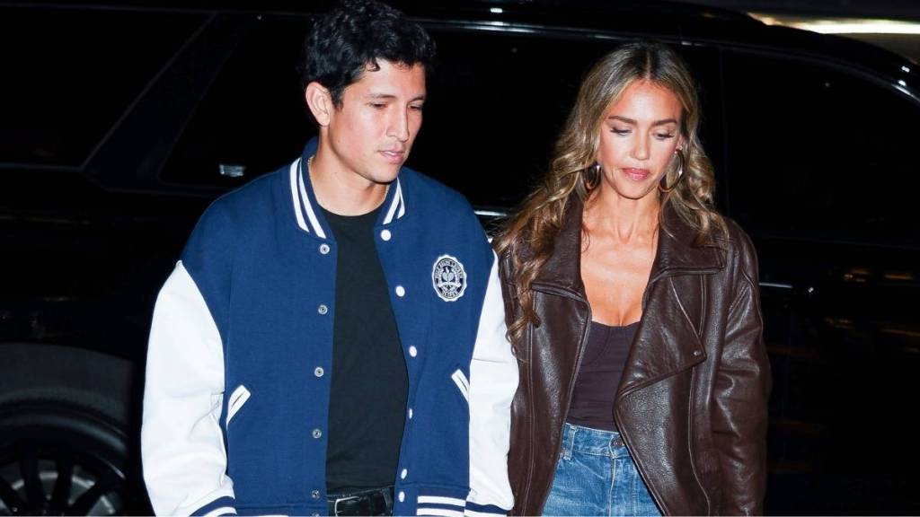 Jessica Alba Spotted Wearing Unbuttoned Leather Jacket With Brown Top for Date Night