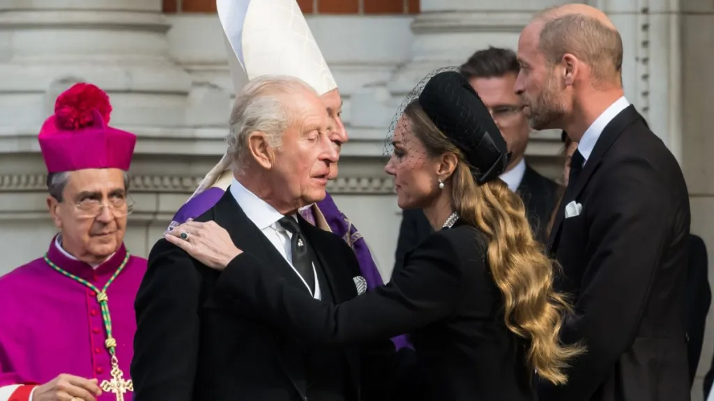 Catherine, Princess of Wales embraces King Charles III as they attend Requiem Mass service at Westminster Cathedral for the Duchess of Kent who died aged 92 earlier this month in London, United Kingdom on September 16, 2025