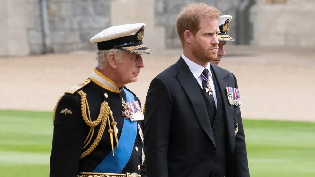 King Charles III and Prince Harry, Duke of Sussex inside Windsor Castle on September 19, 2022 in Windsor, England.