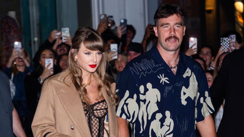 Taylor Swift (L) and Travis Kelce are seen in SoHo on October 11, 2024 in New York City