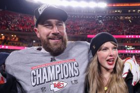 Taylor Swift celebrates with Travis Kelce #87 of the Kansas City Chiefs after defeating the Buffalo Bills 32-29 in the AFC Championship Game at GEHA Field at Arrowhead Stadium on January 26, 2025 in Kansas City, Missouri.
