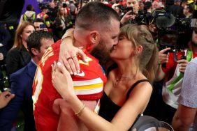 Travis Kelce #87 of the Kansas City Chiefs and Taylor Swift embrace after defeating the San Francisco 49ers in overtime during Super Bowl LVIII at Allegiant Stadium on February 11, 2024 in Las Vegas, Nevada.
