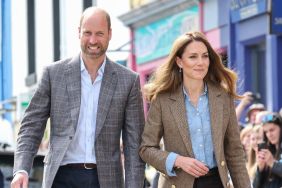 Prince William, Prince of Wales, known as the Duke of Rothesay and Catherine, Princess of Wales, known as the Duchess of Rothesay when in Scotland, smile to well-wishers as they arrive for a visit to Aros Hall, a local community hub on April 29, 2025 in Tobermory, Scotland