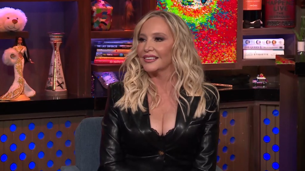 Shannon Beador in a black leather dress on Watch What Happens Live