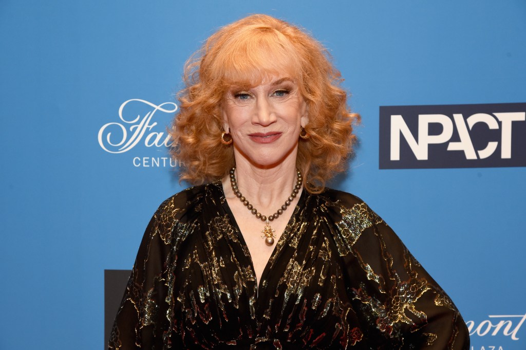 Kathy Griffin in a black and gold dress at the Critics Chocie Awards