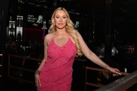Shanna Moakler in a pink dress leaning against a railing in a bar