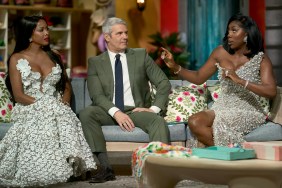 Stacey Rusch, Andy Cohen, and Wendy Osefo sitting on the couch at the Real Housewives of Potomac Season 9 reunion