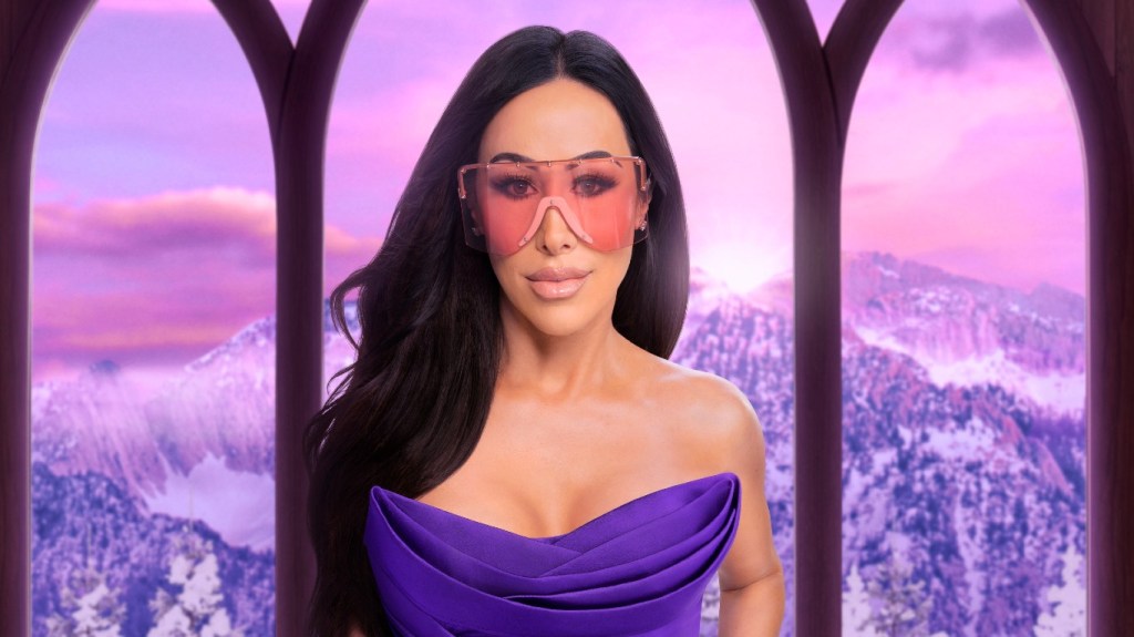 Angie Katsanevas in a purple dress for Real Housewives of Salt Lake City Season 6