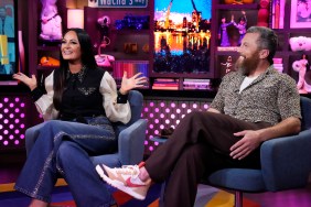 Lisa Barlow throwing up her hands and sitting with Sean Avery on Watch What Happens LIve