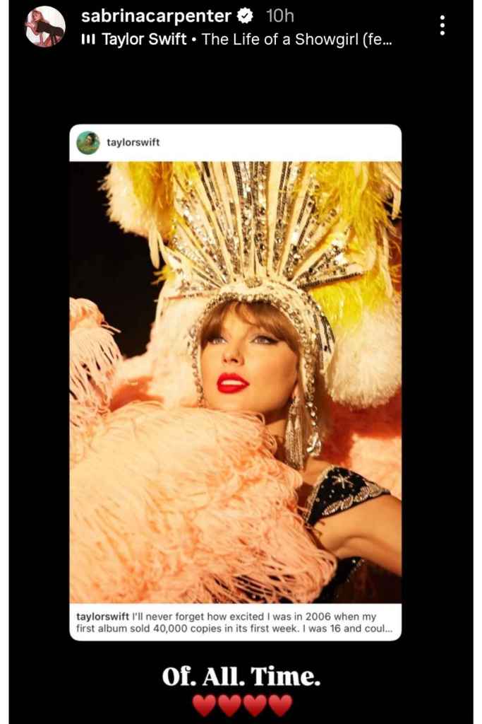 Sabrina Carpenter Celebrates Taylor Swift's Billboard Record With Short & Sweet Tribute