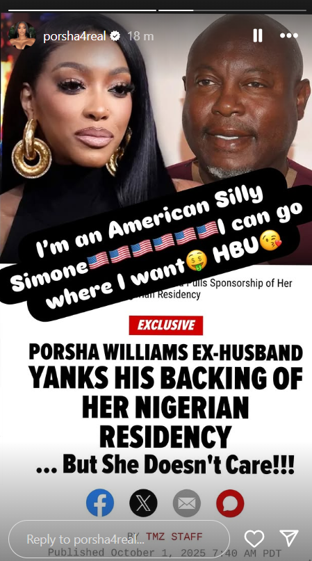 A screenshot from Porsha Williams' Instagram Story attacking Simon Guobadia