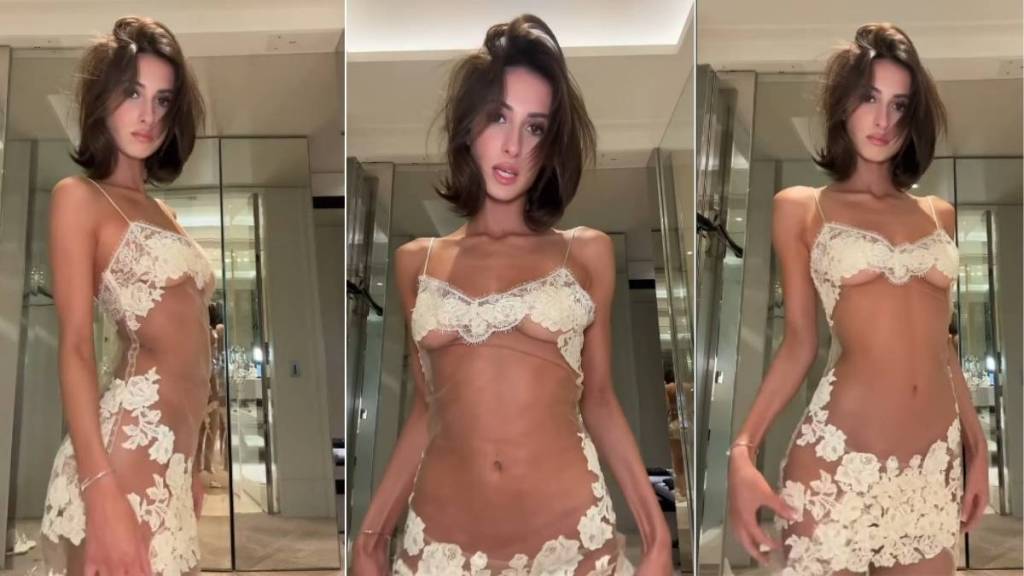 Bianca Censori's Sister Wears Fully Sheer Dress with Lace Details