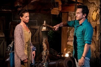 Parvati Shallow getting her torch snuffed by Jeff Probst on Survivor