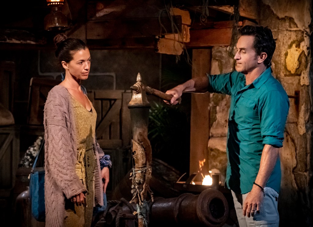 Parvati Shallow getting her torch snuffed by Jeff Probst on Survivor