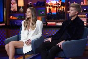 Amanda Batula and Kyle Cooke sitting together on Watch What Happens LIve