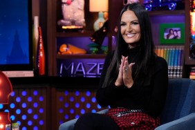 Lisa Barlow in a black turtleneck sitting with her hands folded on Watch What Happens Live