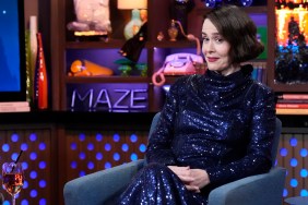 Sarah Paulson in a sparkly blue dress, giving a side eye on Watch What Happens Live