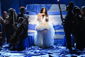 Rosalia Makes a Statement in Strapless Bustier Top & Miniskirt