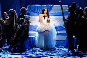 Rosalia Makes a Statement in Strapless Bustier Top & Miniskirt