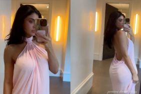 Kylie Jenner Models Silk Backless Dress for KHY in Video