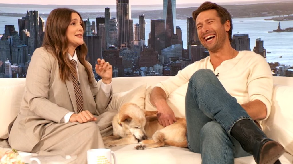 Drew Barrymore Top Gun Maverick Glen Powell Beach Football Scene