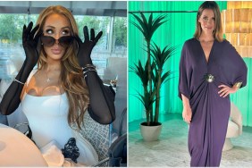 Side by side photos of LIsa Hochstein, peaking over a pair of sunglasses, and Julia Lemigova, posing in a purple dress
